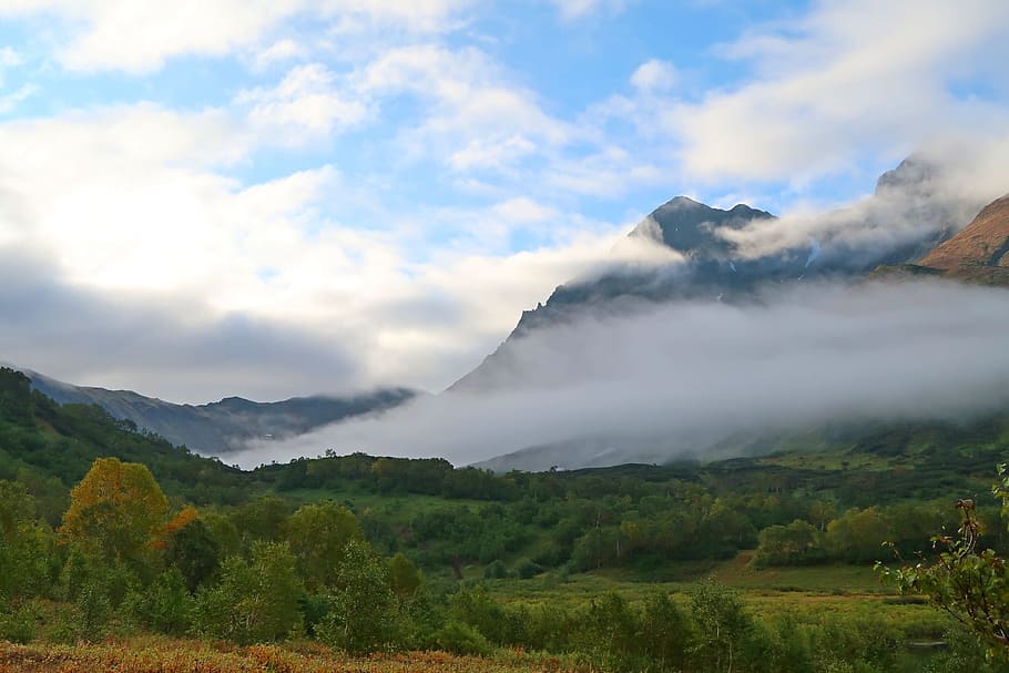 mountains, mountain valley, mountain lake, morning, fog, open space, HD wallpaper