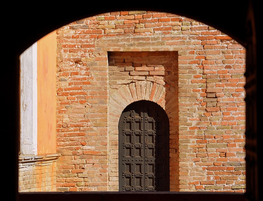 entrance, door, wall, bricks, castle, gradara, italy, fortress, HD wallpaper