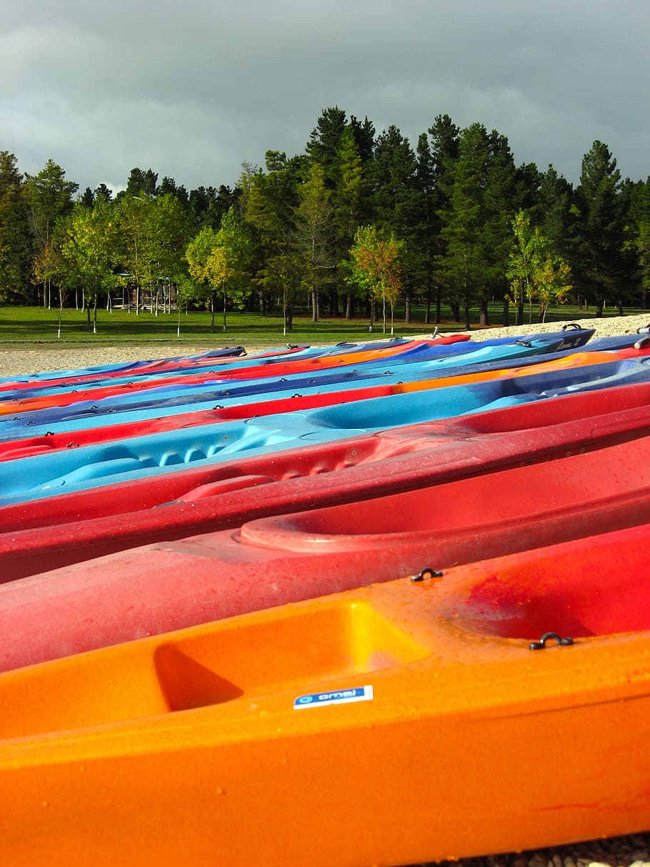 color, landscape, forest, sky, trees, kayak, nature, contrast HD wallpaper