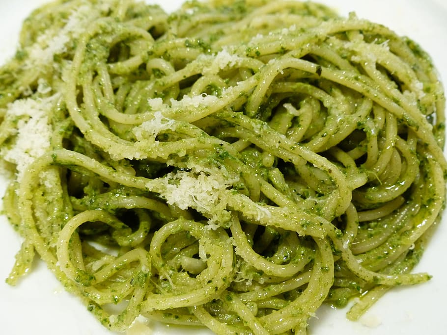 green pasta with sauce on white plate, spaghetti, noodles, eat, HD wallpaper
