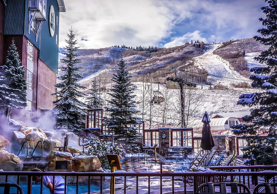 brown and teal building surrounded by snow, park city, marriott, HD wallpaper