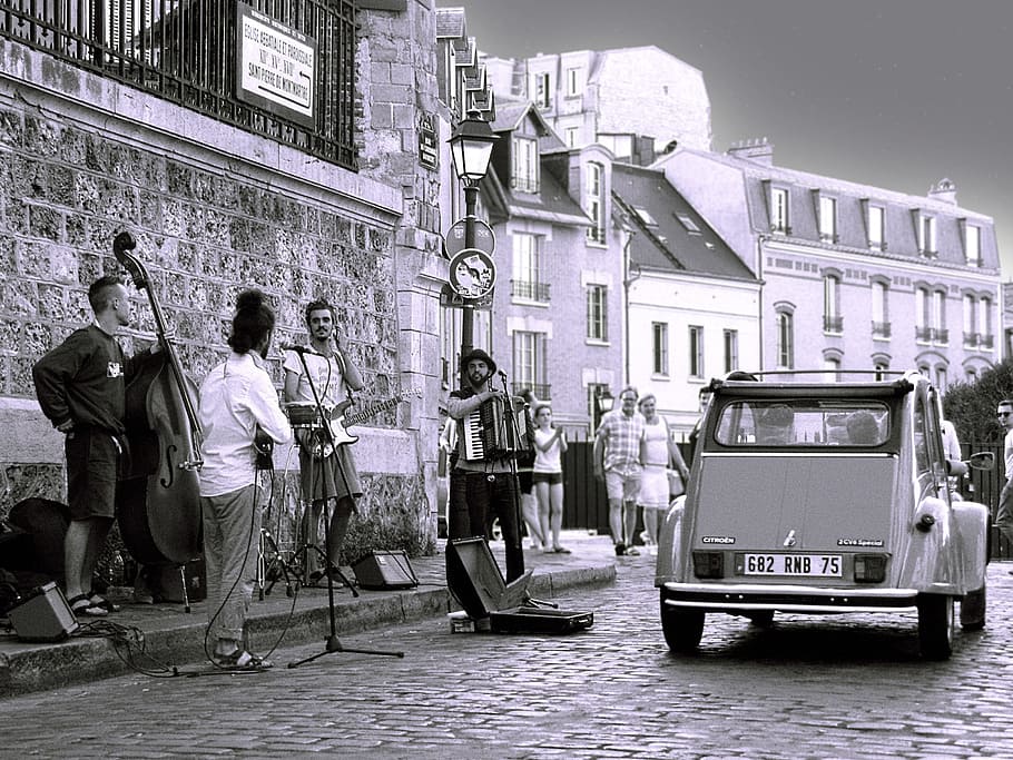 paris, montmartre, street music, musicians, citroën 2cv, street scene, HD wallpaper
