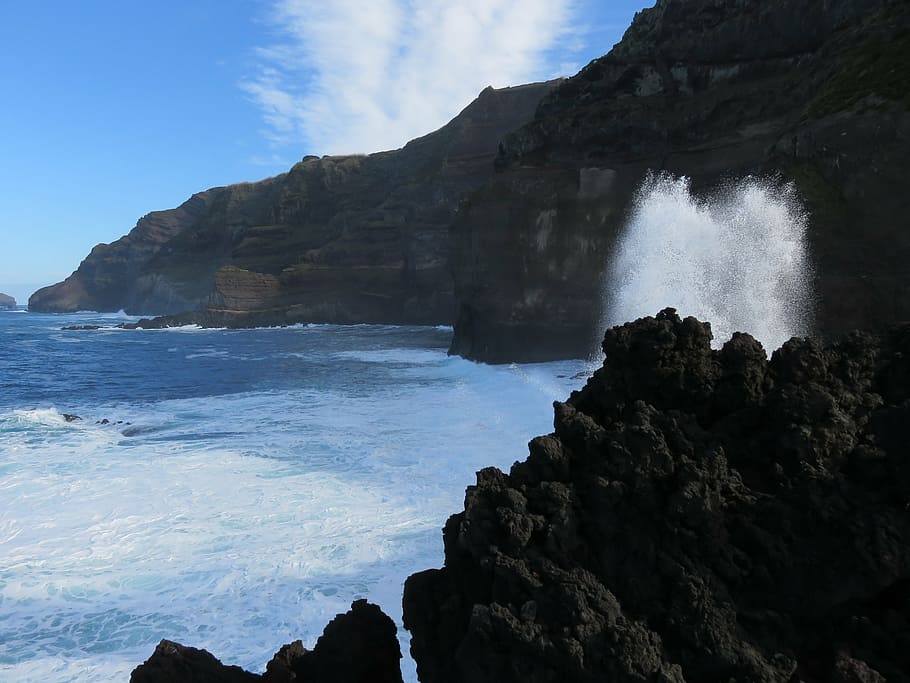 wave, spray, motion, volcanic, rock, cliffs, sea, ocean, water HD wallpaper