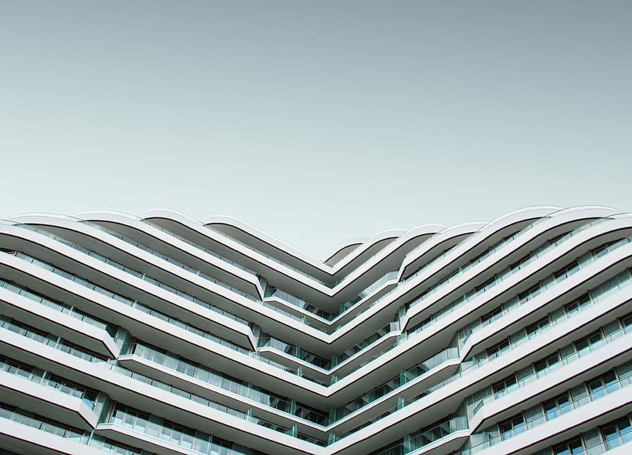 worm's eye view of white building, high rise building with clear glass walls HD wallpaper