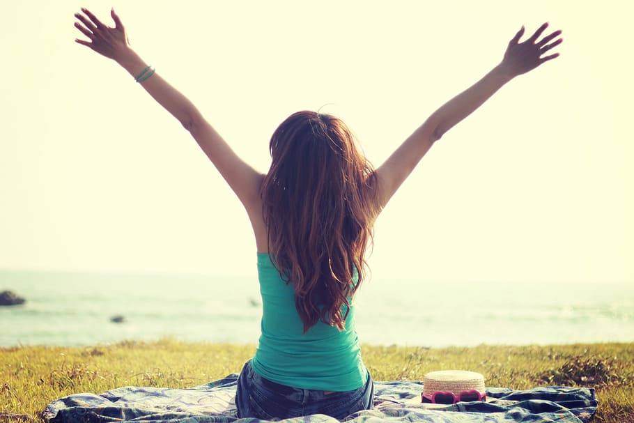 brown haired woman raising her arms, women, outdoors, nature