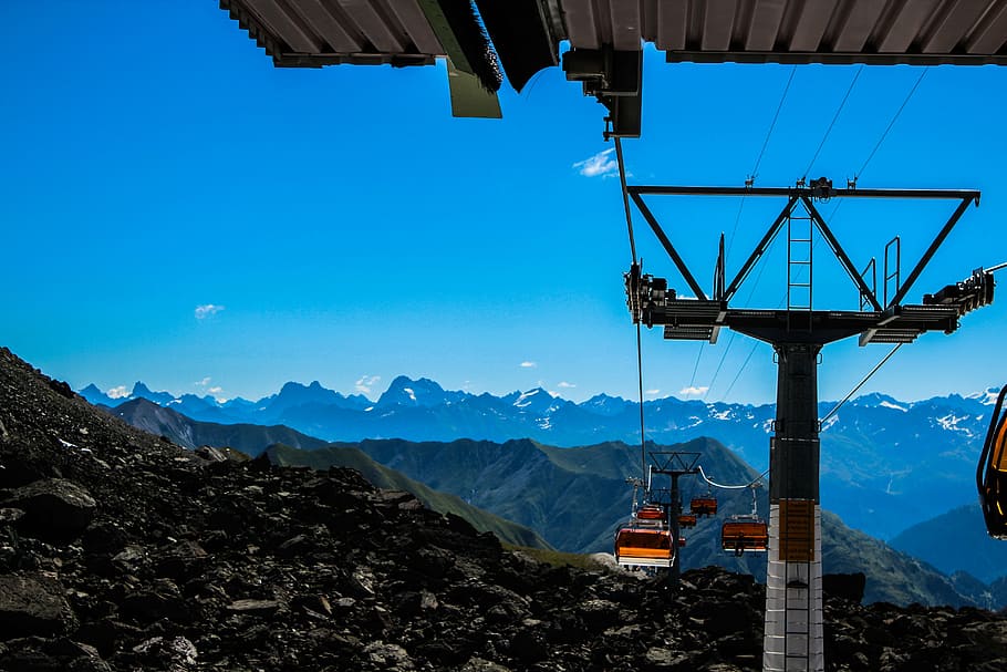 cableway, mountains, clouds, blue, sky, austria, transportation HD wallpaper