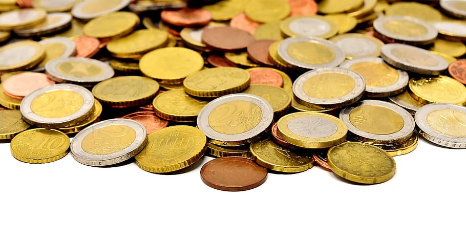 close-up photo of round gold-colored coin lot, coins, money, currency, HD wallpaper