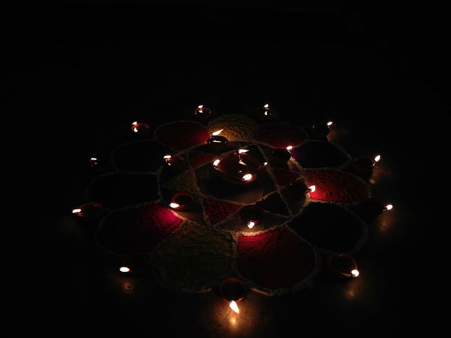 lighted candles on black floor surface, hindu, lights, festival