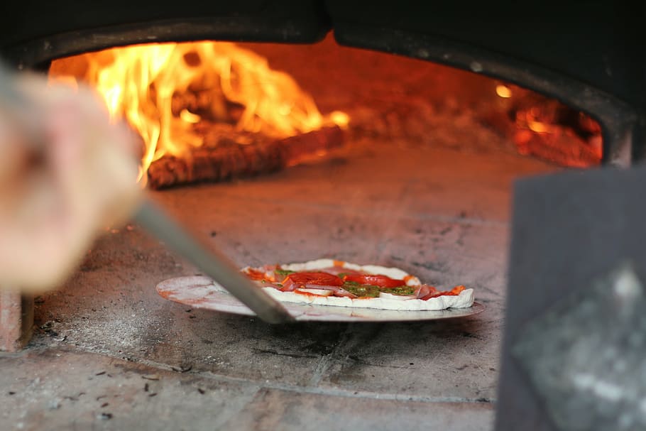 person holding gray metal pizza holder, rustic, food, fire HD wallpaper