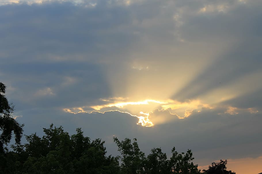 sunrays, sunbeams, clouds, sky, blue, nature, weather, sunlight HD wallpaper