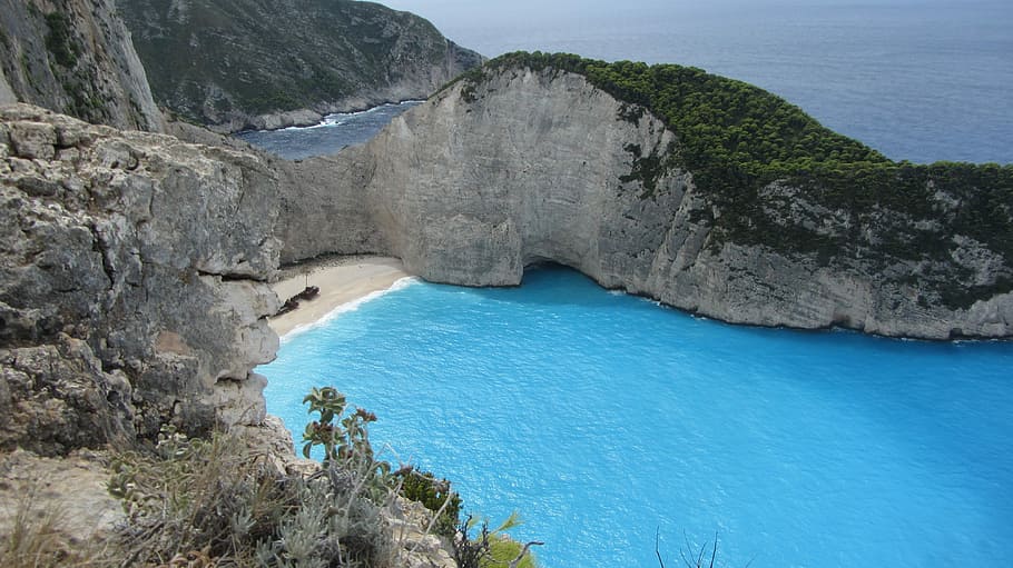 zakynthos, ship, blue, water, rock, rock - object, sea, solid HD wallpaper
