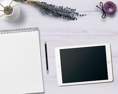 silver iPad near pencil and sketch pad, notepad, tablet, flowers HD wallpaper