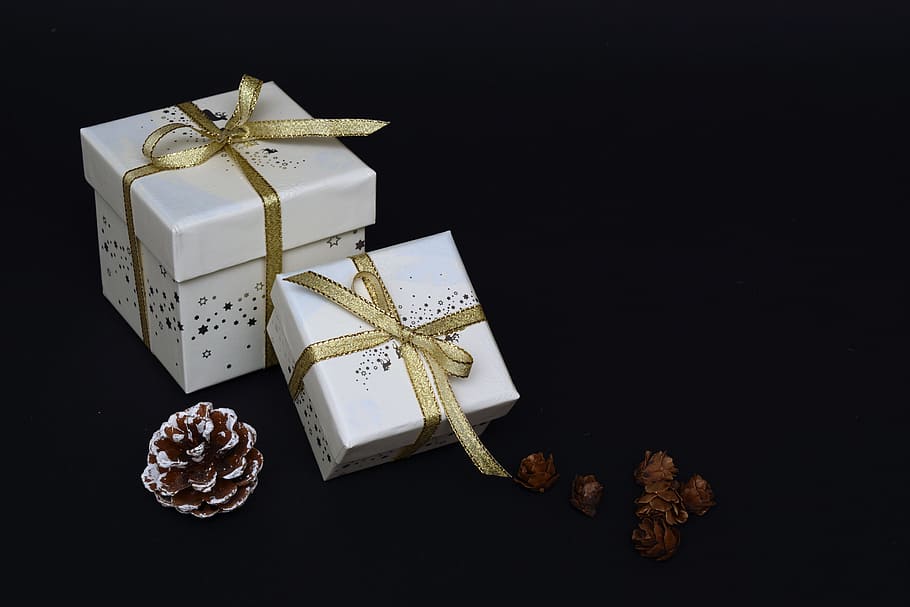 two white gift boxes, christmas gift, made, surprise, grinding