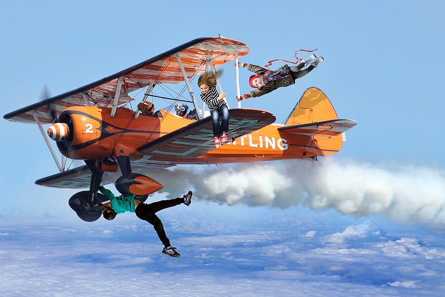 edited photo of bi-plane on air, baptism of the air, aircraft, HD wallpaper