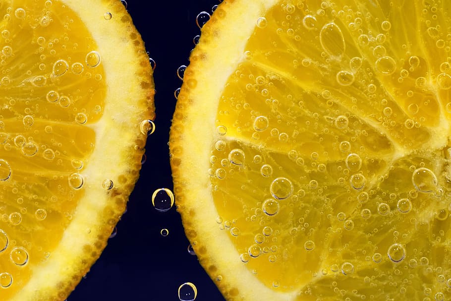 macro photography of two lemon slices, juice, fruit, healthy, HD wallpaper