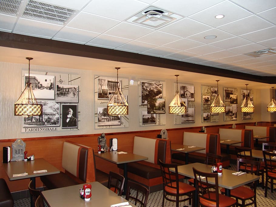 brown and gray dining table, diner, restaurant, tables, chairs HD wallpaper