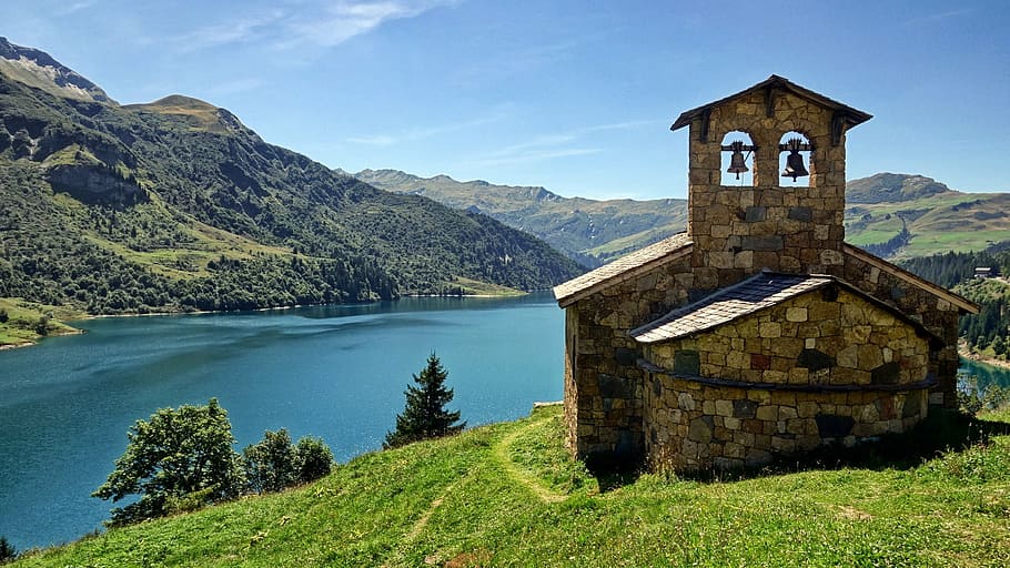 architecture, building, grass, hill, lake, landscape, mountain HD wallpaper