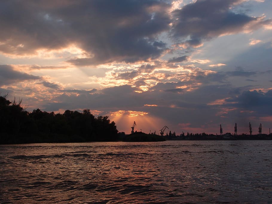 sunset, kherson, dnieper, river, sky, clouds, port, cloud - sky, HD wallpaper