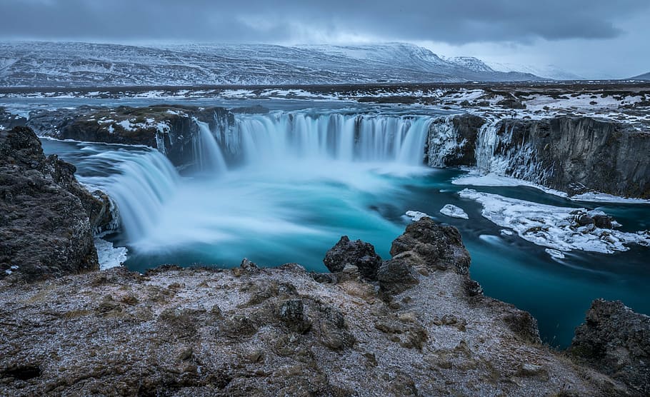body of water during cloudy day, iceland, godafoss, waterfall