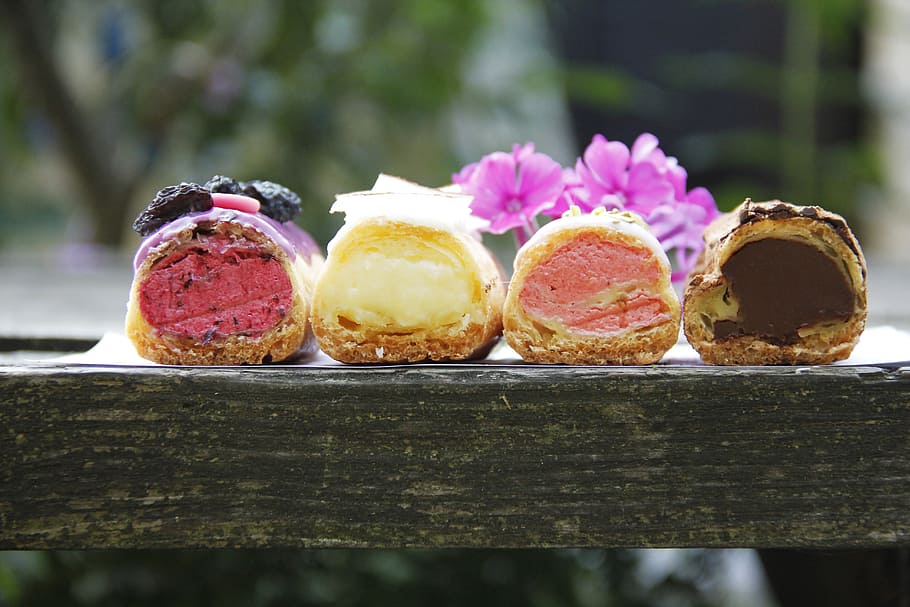breads on table, summer, fruit, dessert, berry, eclairs, coffee house HD wallpaper