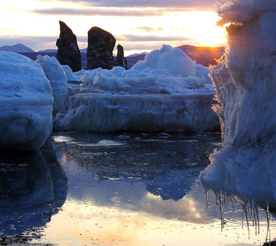 Rocks, Three Brothers, Bay, Gate, the guards, symbols, ice HD wallpaper