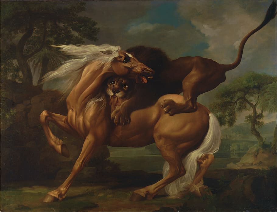 painting of lion and horse, george stubbs, art, artistic, oil on canvas, HD wallpaper