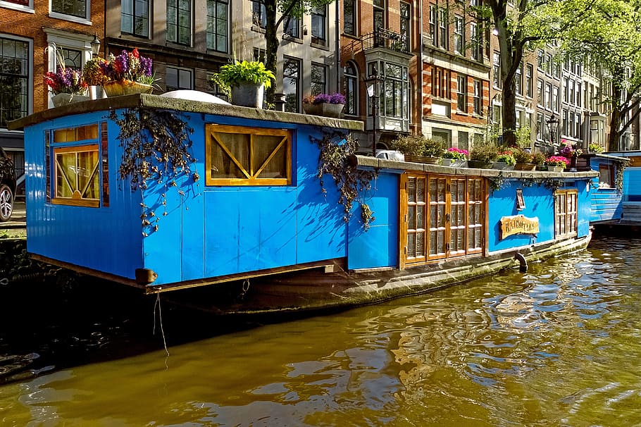 blue and brown boat, barge, houseboat, canal, waterway, amsterdam