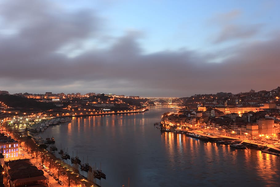 aerial photography of cityscape near water with lights, portugal, HD wallpaper