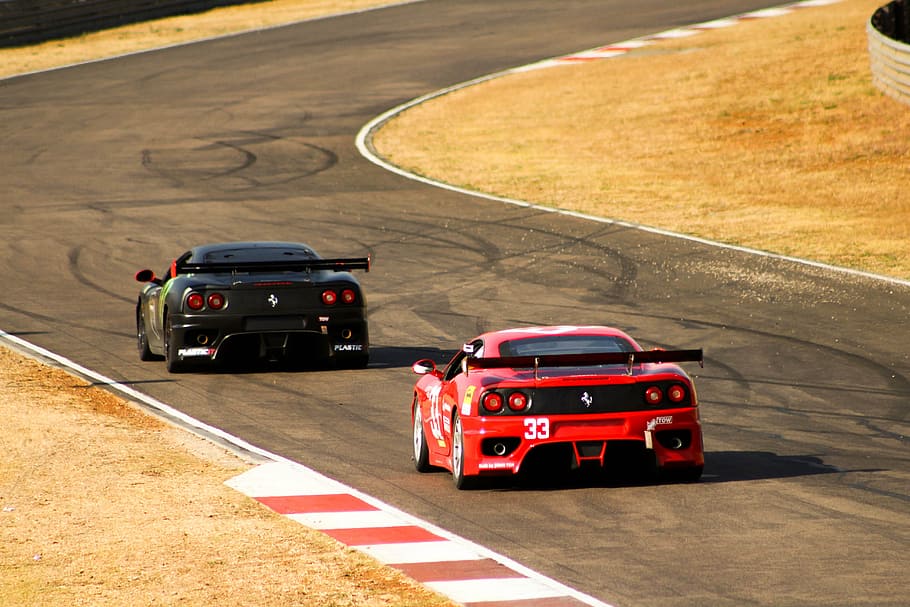 red and black sports car, ferrari, speed, circuit, motorsports HD wallpaper