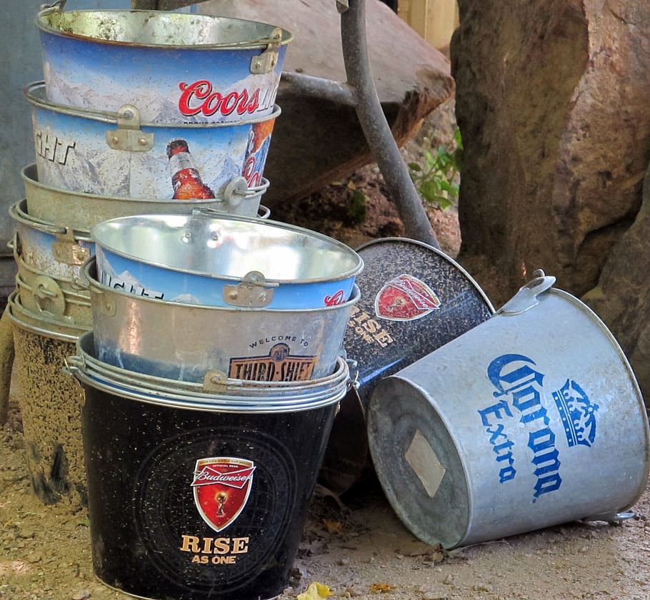 beer buckets, cans, beverage, cooler, container, bar, restaurant, HD wallpaper