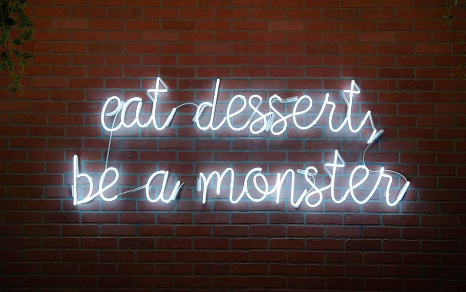 white neon light signage on brick wall, white eat desserts be a monster neon light signage on brown brick wall HD wallpaper