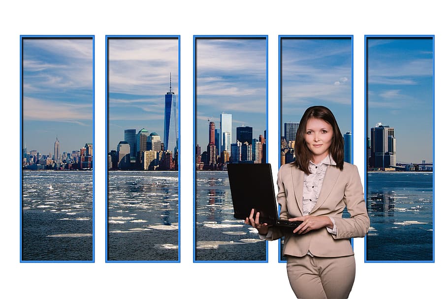 5-panel photo of New York City, analysis, computer, business
