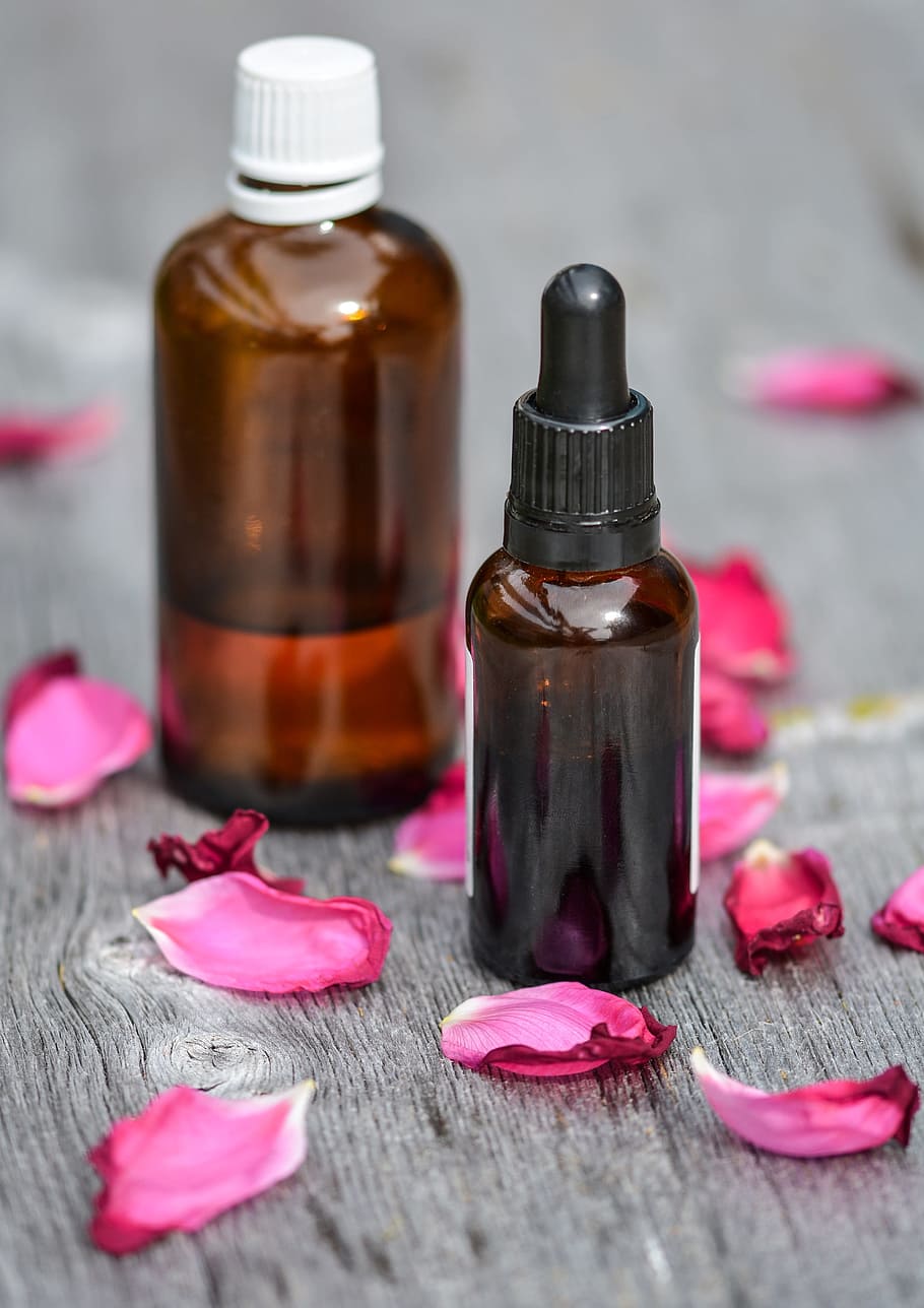 two amber glass bottles, essential oils, alternative, aroma HD wallpaper
