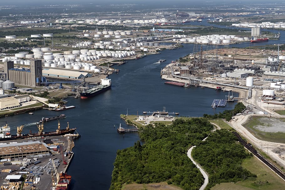 aerial photo of city and body of water during daytime, houston ship channel