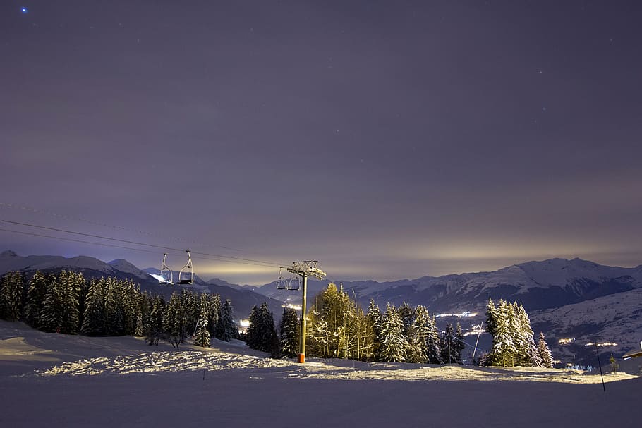 dark, sky, snow, winter, zip, line, adventure, trees, plant HD wallpaper