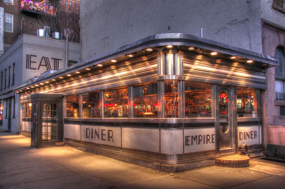 Empire Diner in Manhattan, Diner eatery during sunset, lights, HD wallpaper