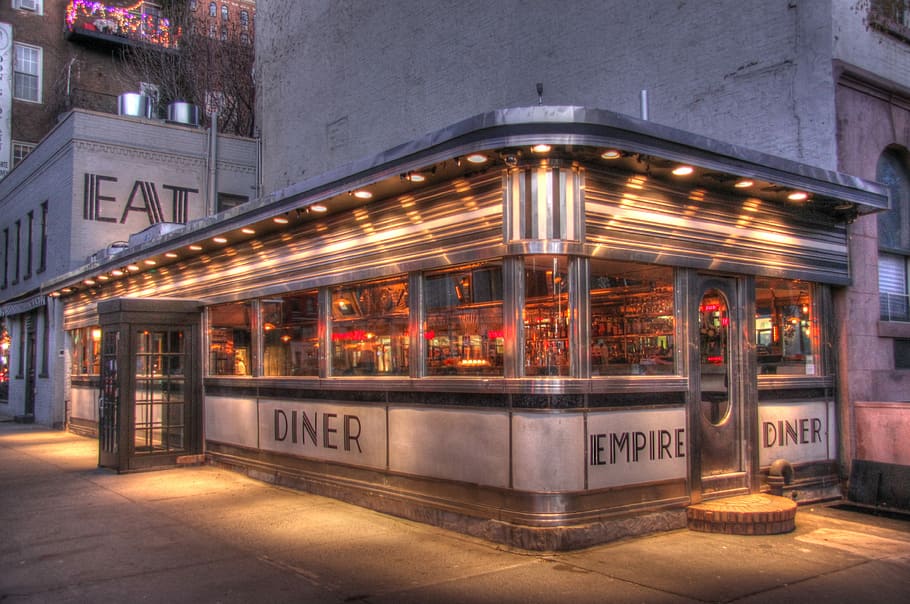 Empire Diner in Manhattan, Diner eatery during sunset, lights HD wallpaper