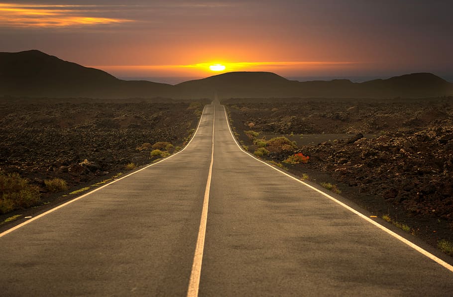asphalt road during sunset, highway, travel, sky, landscape, vanishing point, HD wallpaper