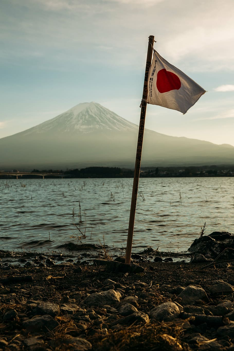 Japan flag on seashore, photo, mount, fuji, ocean, water, nature, HD wallpaper