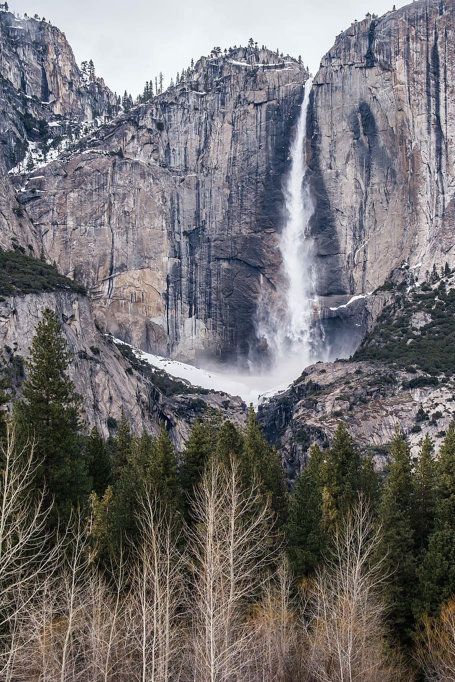 waterfall near tree under cloudysky, photo of cascading waterfalls near trees