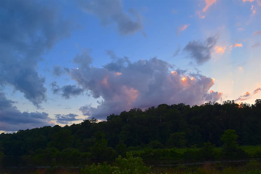 clouds, sky, sunset, field, nature, landscape, mountain, trees HD wallpaper