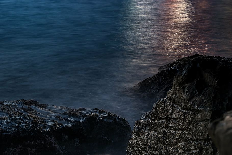 sunset, reflection, rocks, clouds, beach, water, waves, sea HD wallpaper