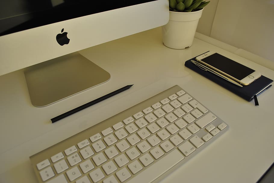 imac, desk, white, keyboard, table, computer, office, desktop HD wallpaper