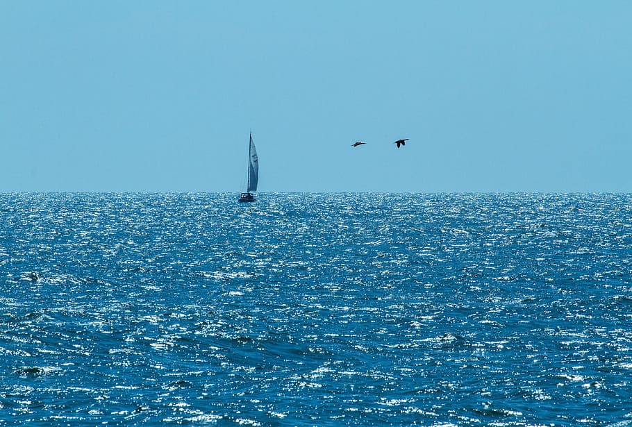 lake, horizon, blue, boot, sky, ship, coast, sea, distant, nature HD wallpaper