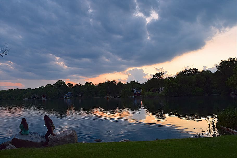 sunset, lake, children, rock reflection, water, nature, landscape HD wallpaper
