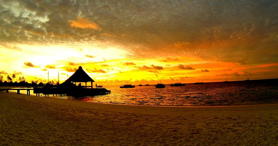maldives, sunset, beach, island, resort, sea, vacations, summer, HD wallpaper