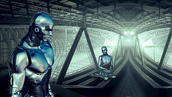 fantasy, forward, android, metallic, man, woman, scene, science fiction HD wallpaper