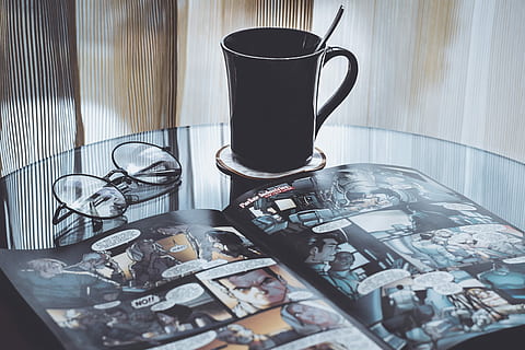 eyeglasses near mug on table, black ceramic mug beside eyeglasses on clear glass table HD wallpaper