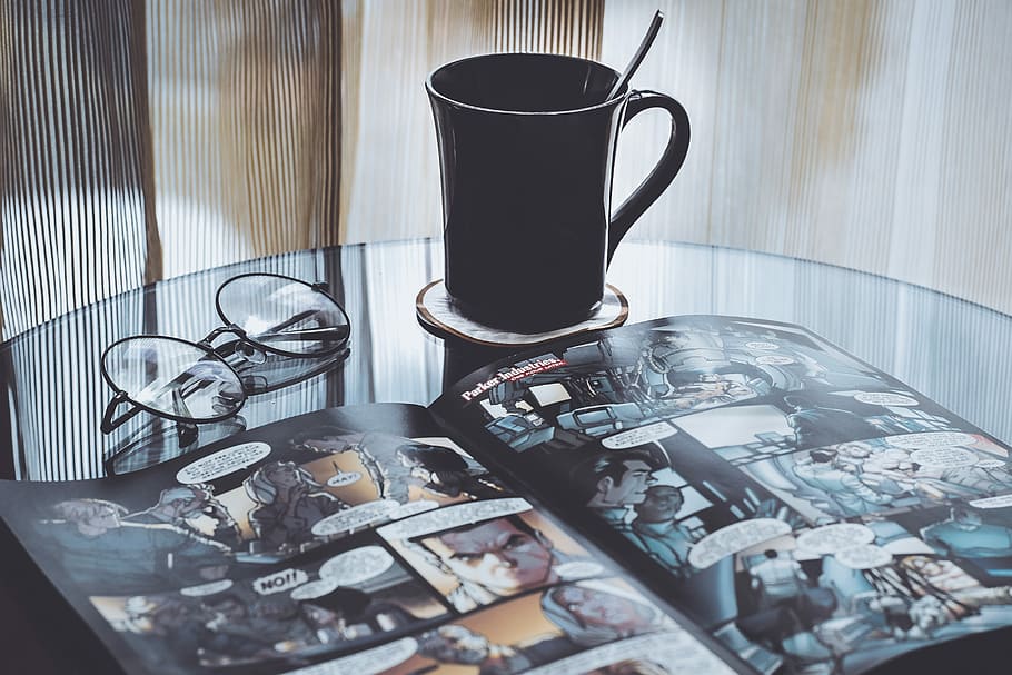 eyeglasses near mug on table, black ceramic mug beside eyeglasses on clear glass table HD wallpaper