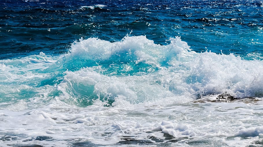 Wave, Foam, Spray, Sea, Blue, Beach, splash, wind, nature, motion HD wallpaper